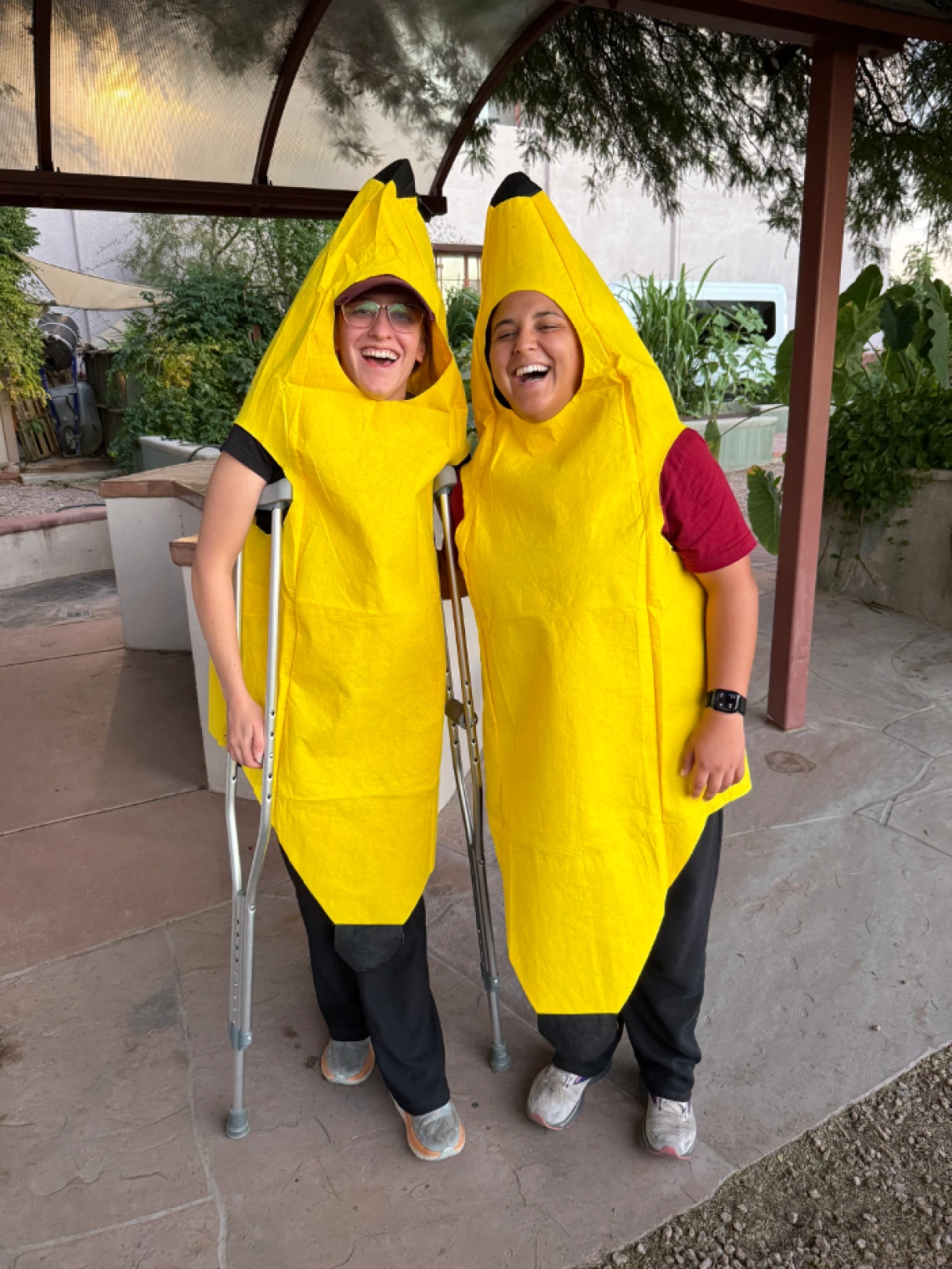 Two interns in the garden wearing banana costume